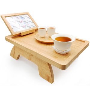 YCZM Wood Side Table Bamboo Sofa Tray Table Clip On Side Tables For Wide Arm Couch Tray With 360 Rotating Phone Holder