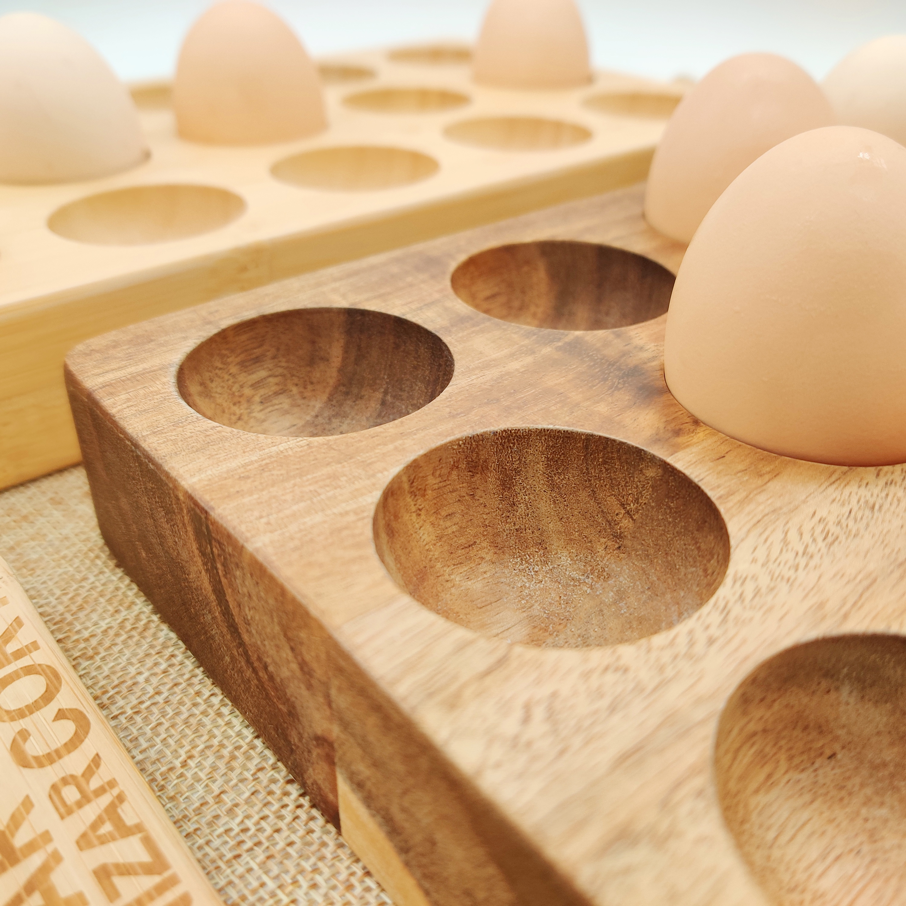 YCZM Wooden Egg Holder for Refrigerator Premium Rubberwood/Acacia Wood 18 Holes Countertop Egg Tray for Eggs Storage