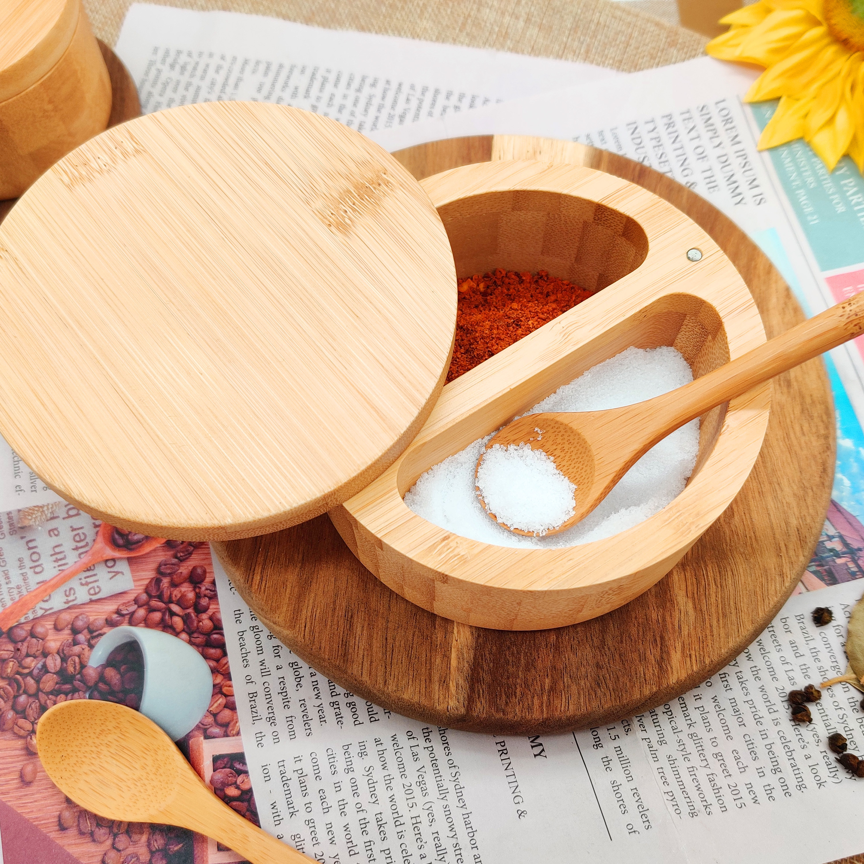 Wooden Custom Round Spices Storage Container Bamboo Salt Box Magnet Swivel Lid Spice Jars With Labels