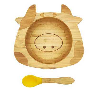 bamboo baby bowl cow shape feeding bowl with silicone suction plate   bamboo fiber bowl