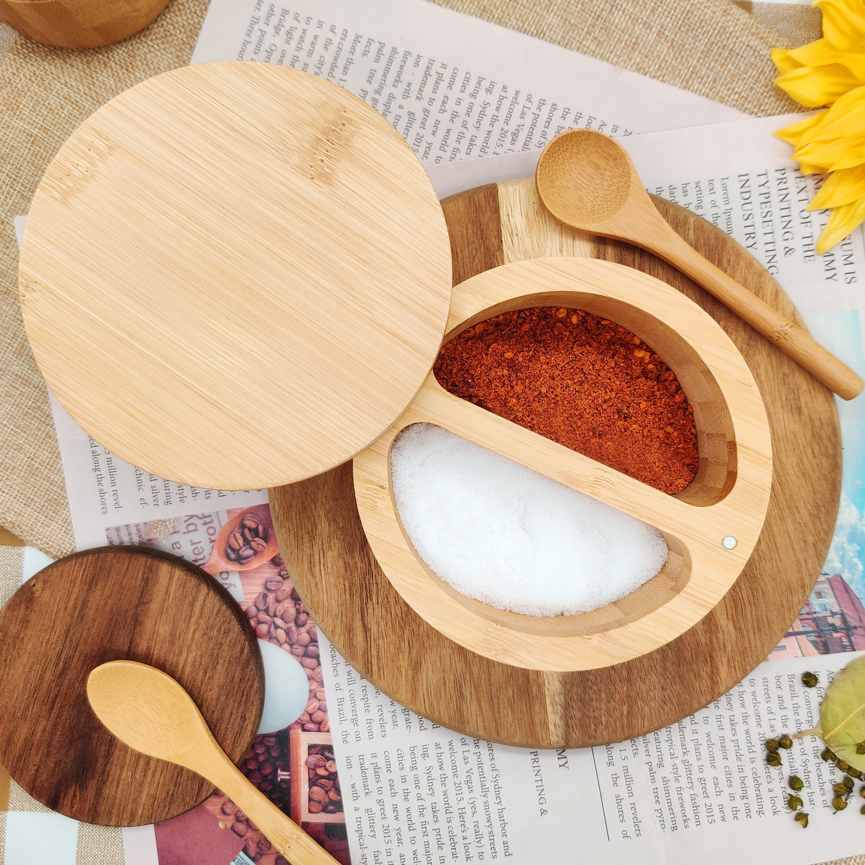 Wooden Custom Round Spices Storage Container Bamboo Salt Box Magnet Swivel Lid Spice Jars With Labels