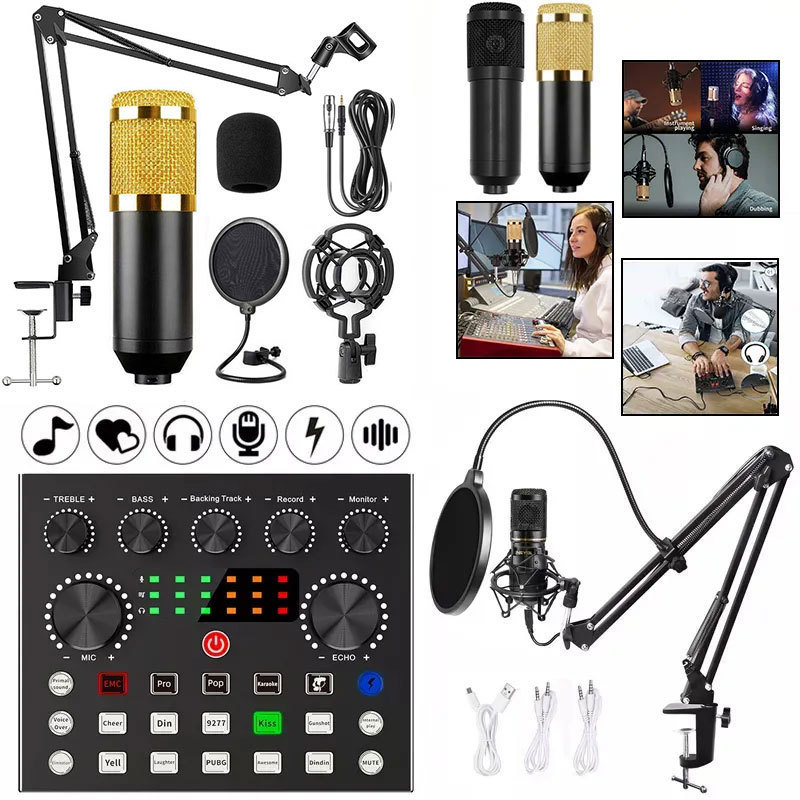 BM 800 Audio Live Stream Sound Card Recording Condenser Microphone Professional Interview Music Studio Equipment All Full Set