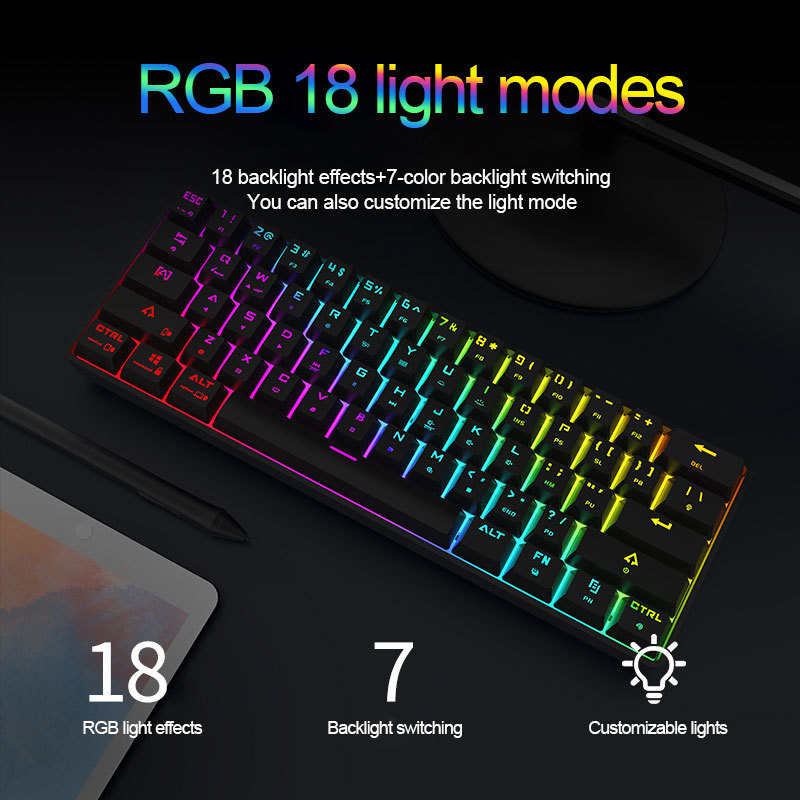 Kablosuz Klavye Laptop Notebook PC BT USB Wireless RGB Gaming DK61 Mechanical 60% Keyboard for Android Mobile Phone