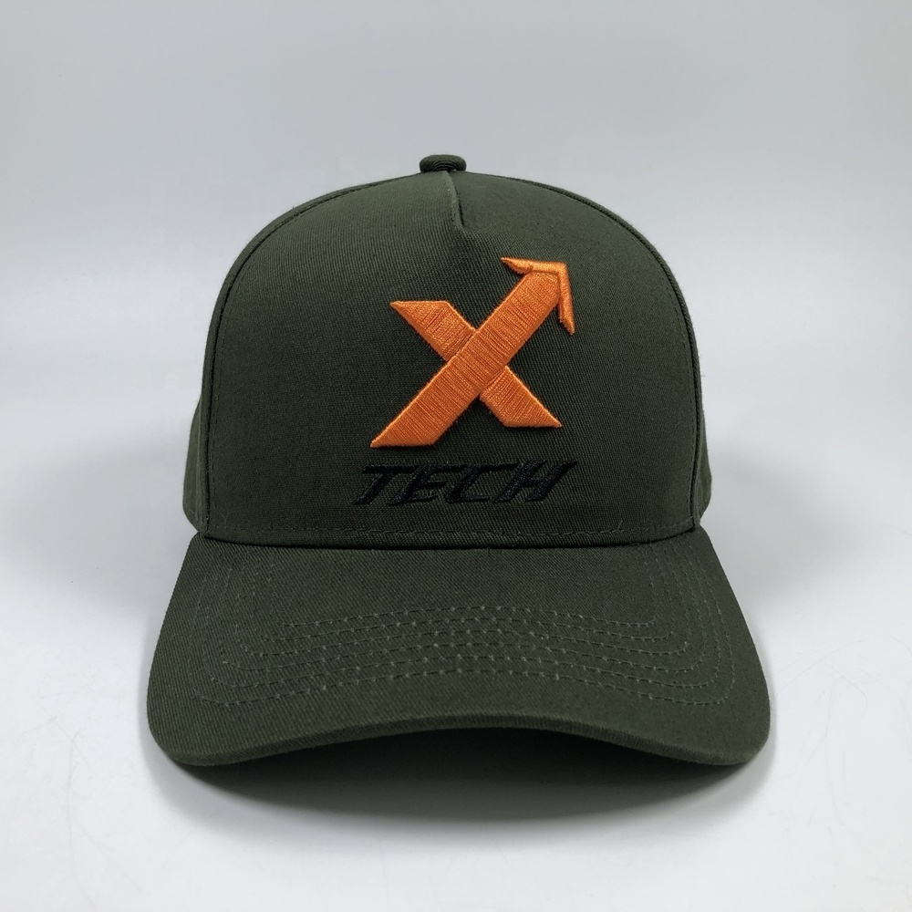 OEM premium popular unisex structured army green a frame snapback hat twill cotton custom 3D embroidery logo 2 tone 5 panel caps