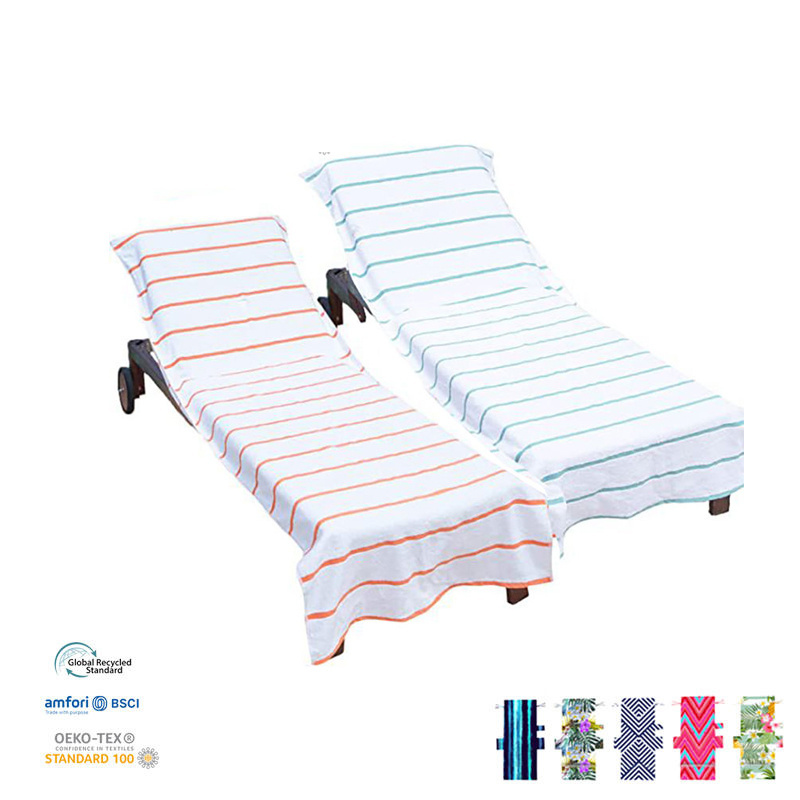 Stripe Printed Velvet Beach Lounge Chair Cover Towel Portable Custom Bag Fitted Terry Beach Towel For Lounge Chairs With Pocket