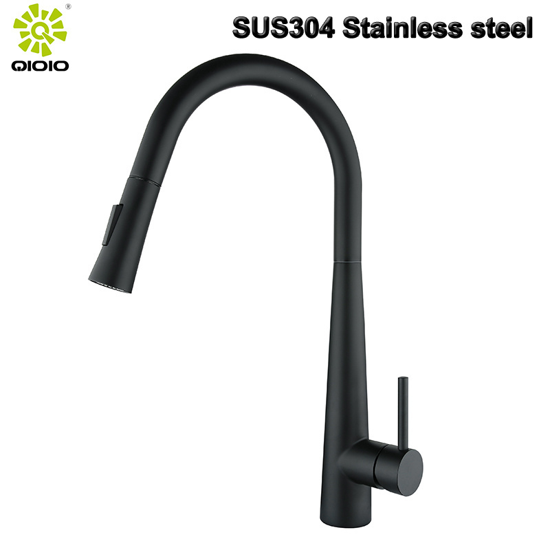 white brushed black gold 304 stainless steel single handle mixer water Two modes spray head  kitchen sink pull out faucet