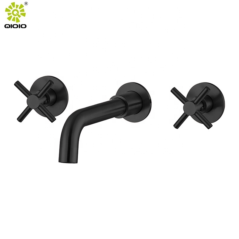 Two handle Gold black 304 stainless steel brushed water tap hidden wall mounted concealed basin bathroom faucet