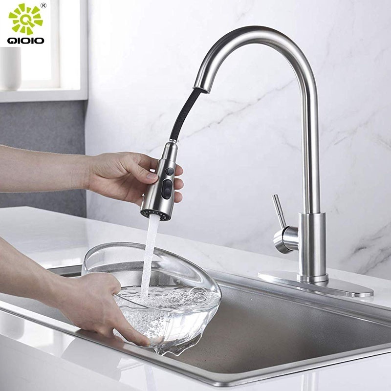 cUPC high quality 304 stainless steel brushed hot cold three functions pull out mixers kitchen faucet