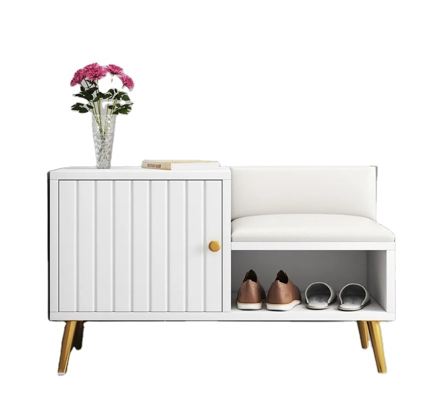 European Living Room Design White Wooden Entrance Shoe Cabinet with Sofa Seat and Shelves