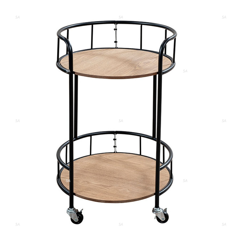 Black Metal Frame Large Bar Cart with Wooden Top and 2 Shelves Trolley