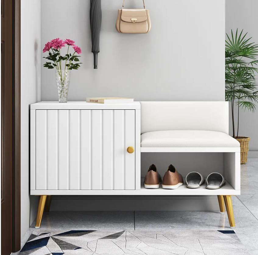 European Living Room Design White Wooden Entrance Shoe Cabinet with Sofa Seat and Shelves