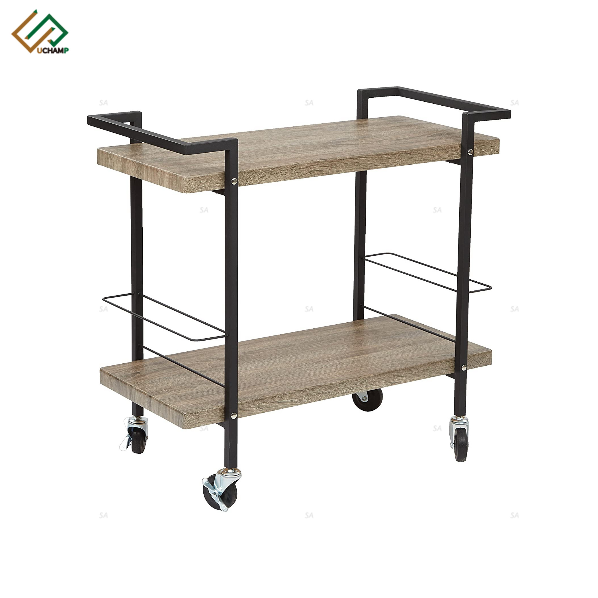 Black Metal Frame Large Bar Cart with Wooden Top and 2 Shelves Trolley