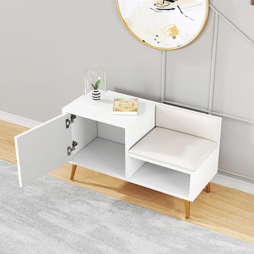 European Living Room Design White Wooden Entrance Shoe Cabinet with Sofa Seat and Shelves