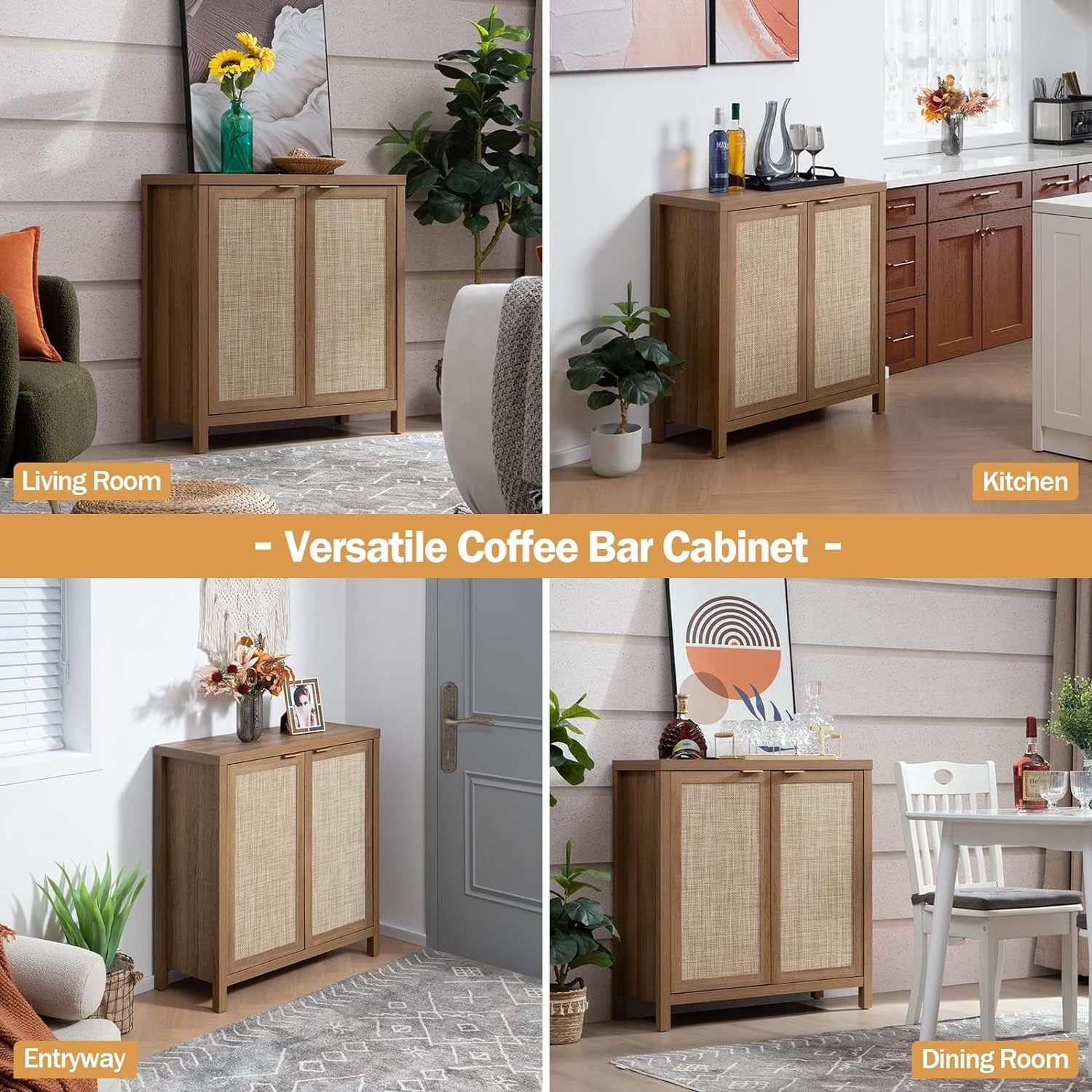 2023 Wholesale Buffets Storage Recycled Pine Cabinet Decorated Door Farmhouse Kitchen Coffee Bar Cabinet with Rattan