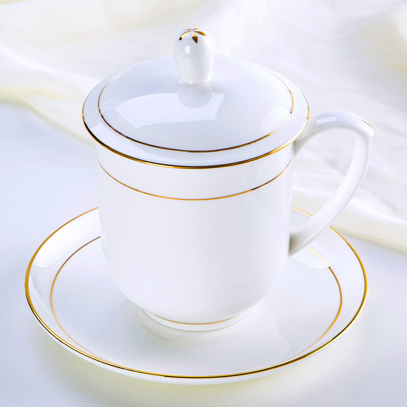 Fine bone china meeting tea cup with lid vip gifts tea cup mug with saucer