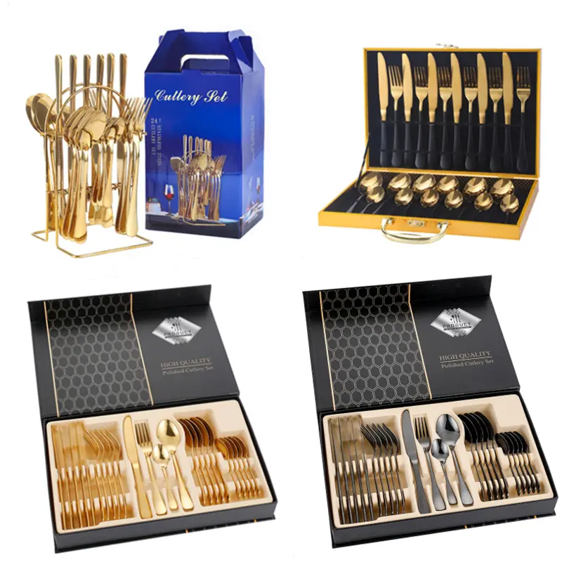 Cutlery Set, Utensil Fork Knife Spoon Black Gold Flatware Stainless Steel Cutlery 24 Pcs Flatware Cutlery Sets With Gift Box