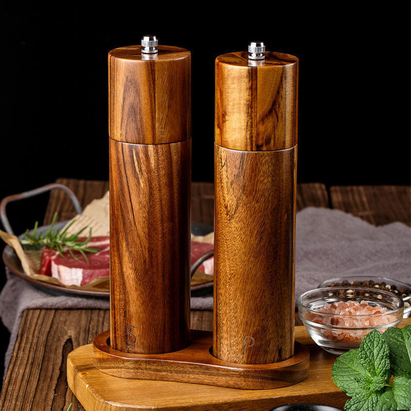 Eco-Friendly Columnar Salt And Pepper Grinder Set Manual Acacia Wood Pepper Mill For Kitchen