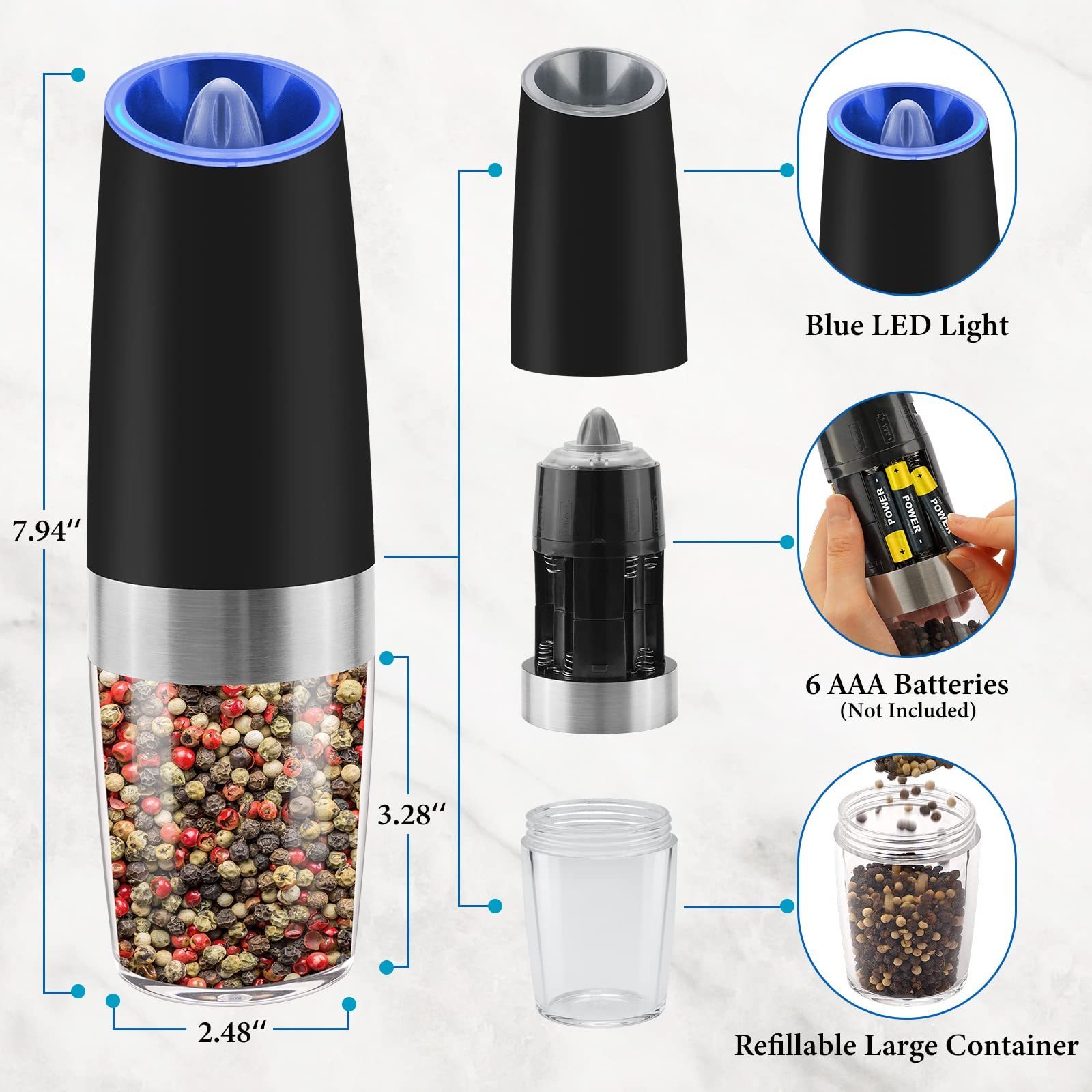 Hot Selling Gravity Battery Automatic Salt Pepper Spice Mill Pepper Mill Electric Salt & Pepper Grinder Set With Blue Light