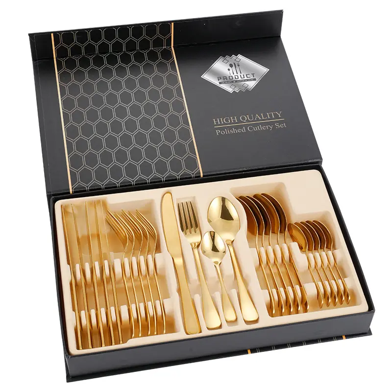 Cutlery Set, Utensil Fork Knife Spoon Black Gold Flatware Stainless Steel Cutlery 24 Pcs Flatware Cutlery Sets With Gift Box