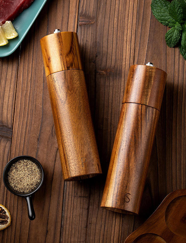 Eco-Friendly Columnar Salt And Pepper Grinder Set Manual Acacia Wood Pepper Mill For Kitchen