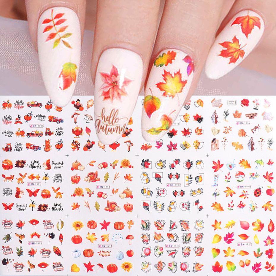 Ychon 10*6.3 inch New Nail Stickers Fall Maple Leaf Art Lines Maple Leaf Thanksgiving Watermark nail paste