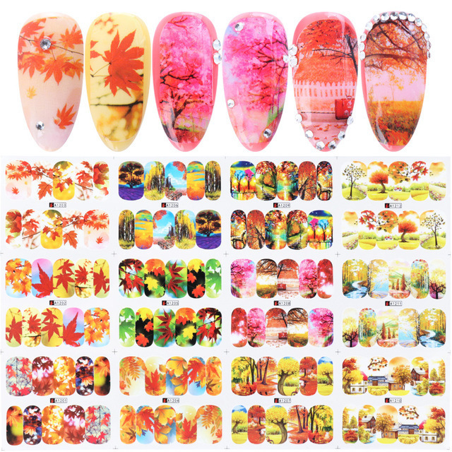 Ychon 10*6.3 inch New Nail Stickers Fall Maple Leaf Art Lines Maple Leaf Thanksgiving Watermark nail paste