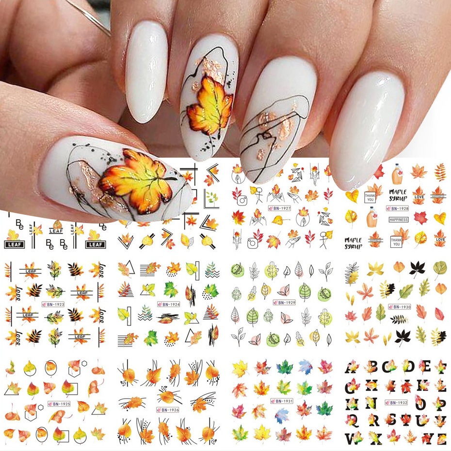 Ychon 10*6.3 inch New Nail Stickers Fall Maple Leaf Art Lines Maple Leaf Thanksgiving Watermark nail paste