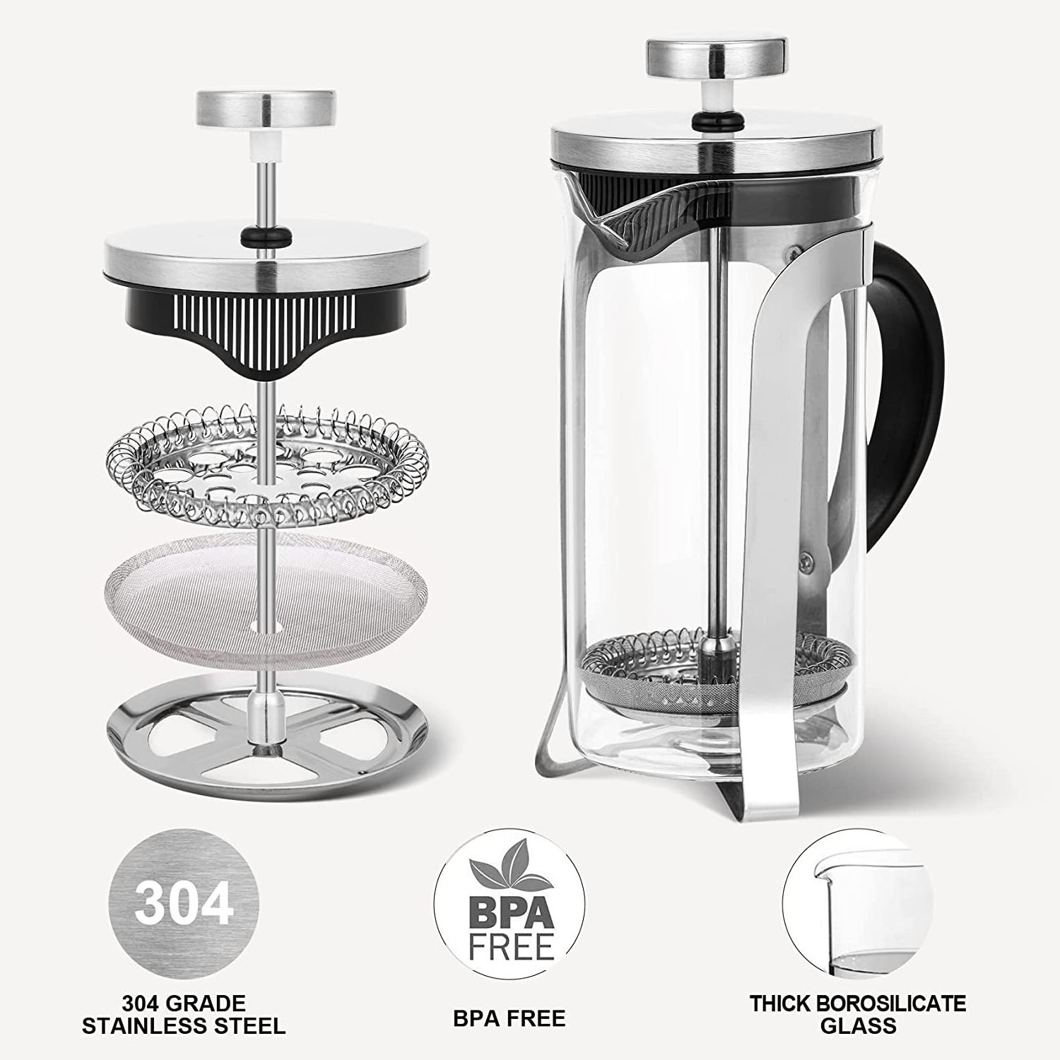 Glass French Press Coffee and Tea Maker Single Serve Coffee Brewers 304 Stainless Steel Coffee Press