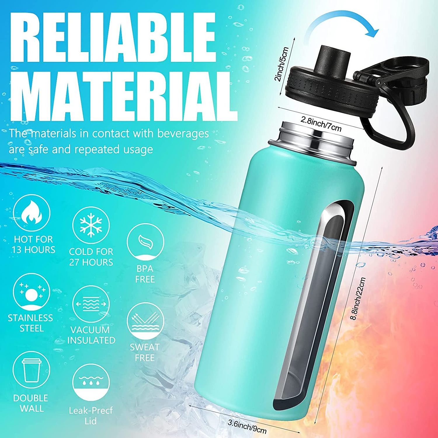 32oz Sports Water Bottle Insulated Stainless Steel Water Flasks Wide Mouth Metal Canteen with Leak Proof Lid