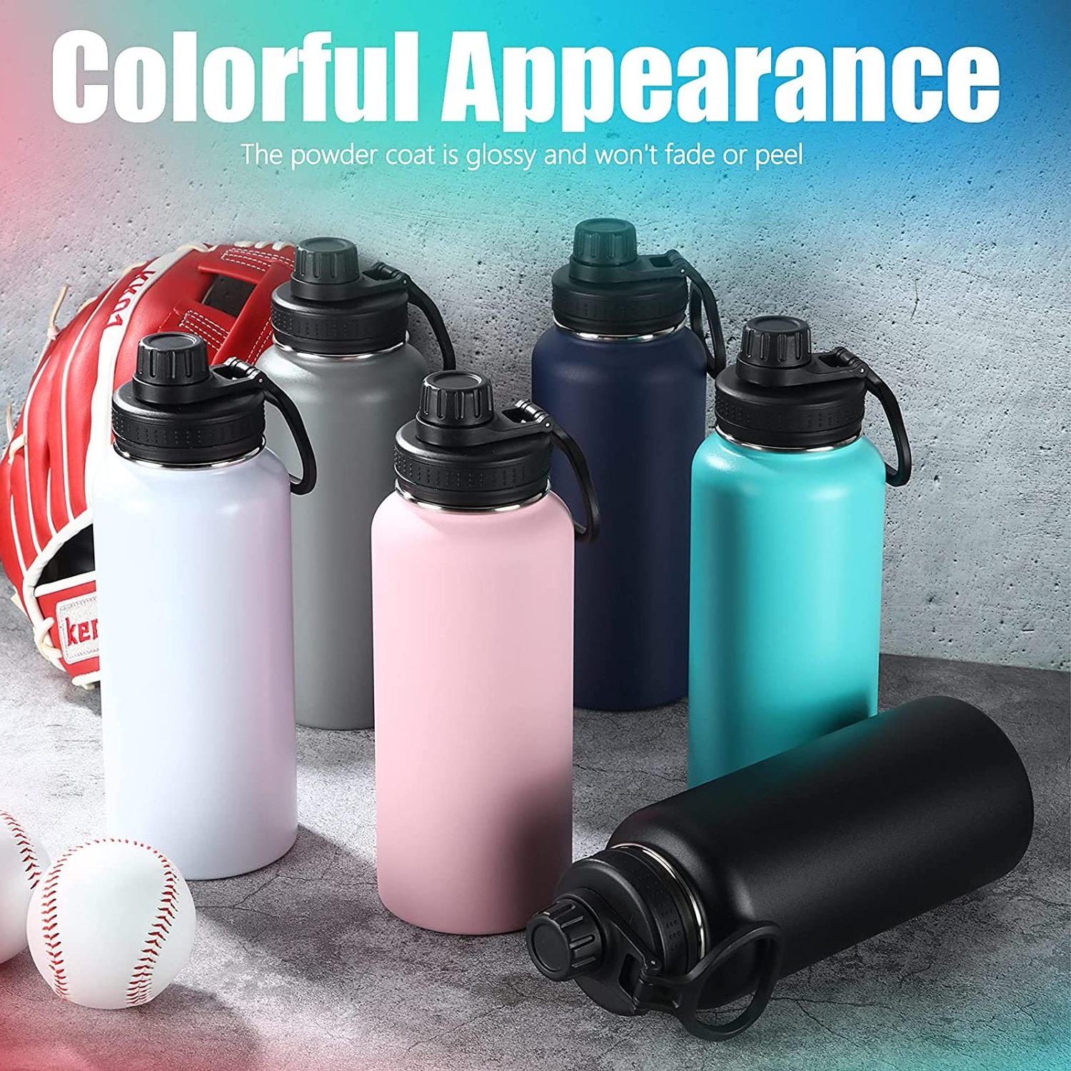 32oz Sports Water Bottle Insulated Stainless Steel Water Flasks Wide Mouth Metal Canteen with Leak Proof Lid