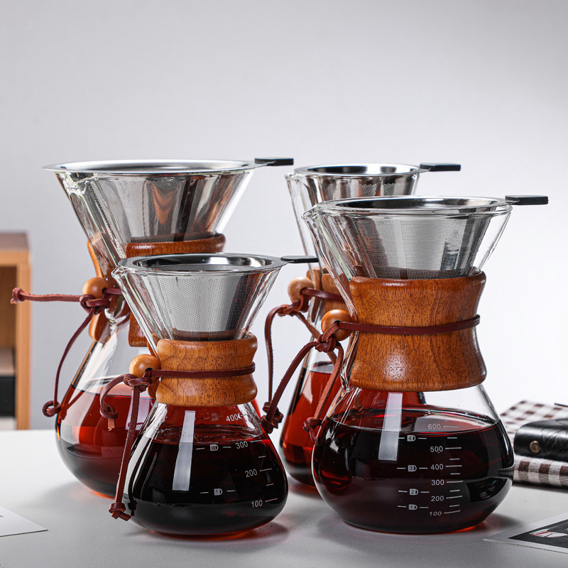 8 Cup Pour Over Glass Coffee Maker Glass Pour Over Carafe Drip Coffee Maker Glass with Reusable  Stainless Steel Filter