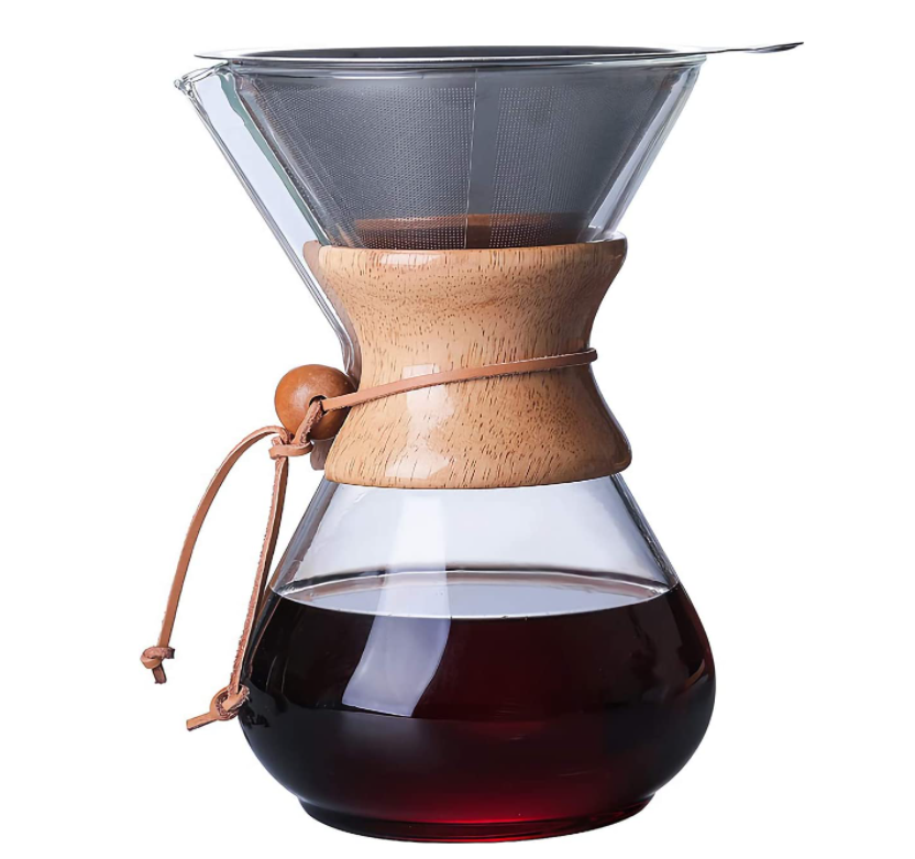 8 Cup Pour Over Glass Coffee Maker Glass Pour Over Carafe Drip Coffee Maker Glass with Reusable  Stainless Steel Filter