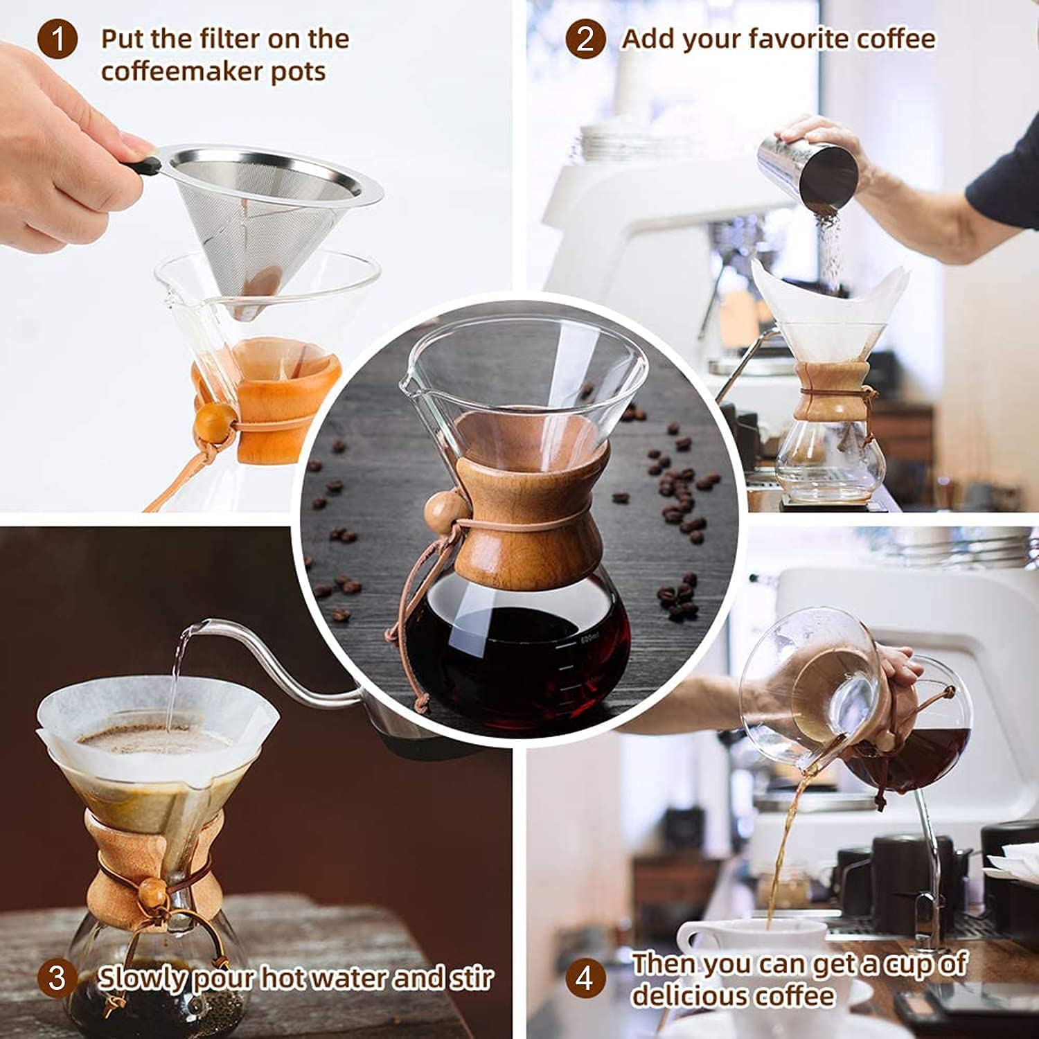 8 Cup Pour Over Glass Coffee Maker Glass Pour Over Carafe Drip Coffee Maker Glass with Reusable  Stainless Steel Filter