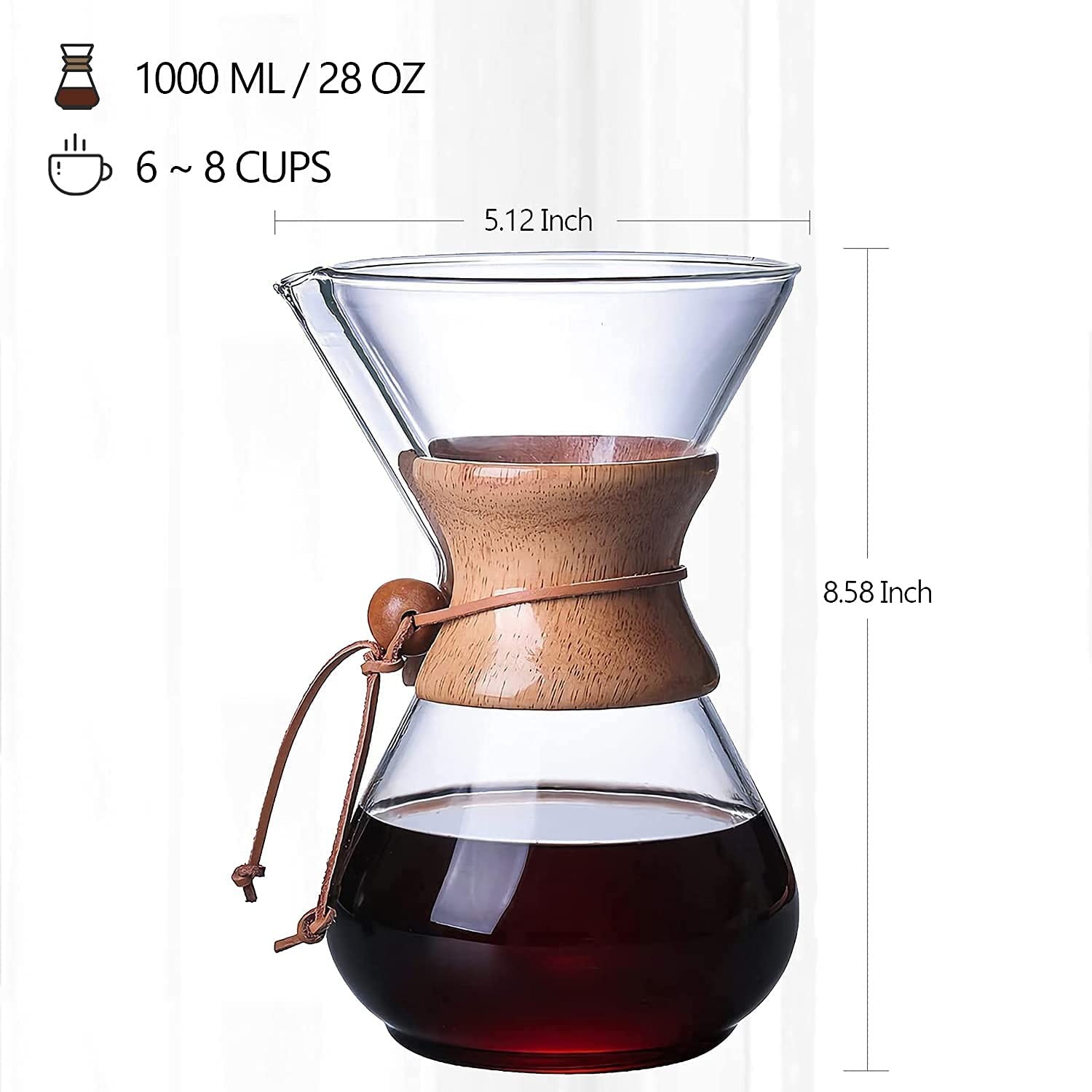 8 Cup Pour Over Glass Coffee Maker Glass Pour Over Carafe Drip Coffee Maker Glass with Reusable  Stainless Steel Filter