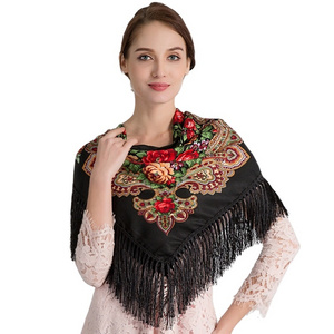 Hot Sale Long Fringe Russian Shawl Wrap 140cm Fashion Floral Pattern Polyester Cotton Woman Print Square Scarf