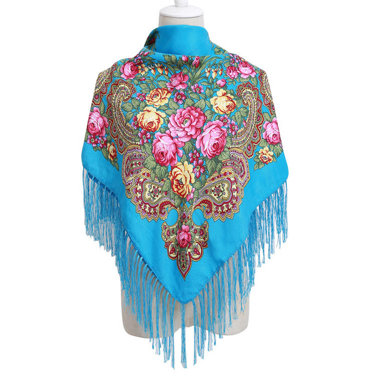 Hot Sale Long Fringe Russian Shawl Wrap 140cm Fashion Floral Pattern Polyester Cotton Woman Print Square Scarf