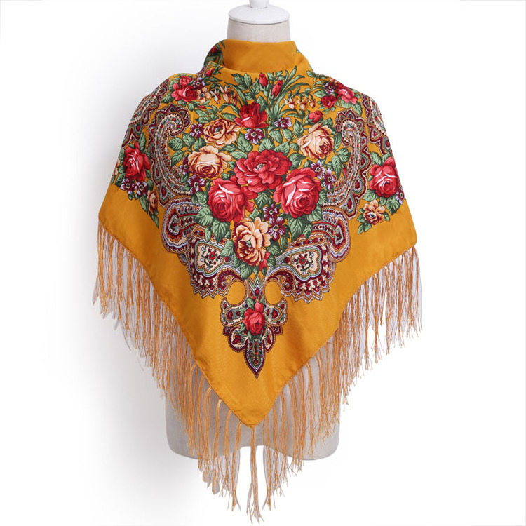 Hot Sale Long Fringe Russian Shawl Wrap 140cm Fashion Floral Pattern Polyester Cotton Woman Print Square Scarf