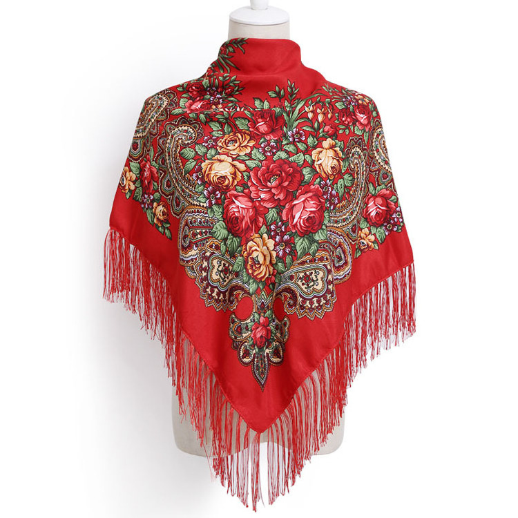 Hot Sale Long Fringe Russian Shawl Wrap 140cm Fashion Floral Pattern Polyester Cotton Woman Print Square Scarf