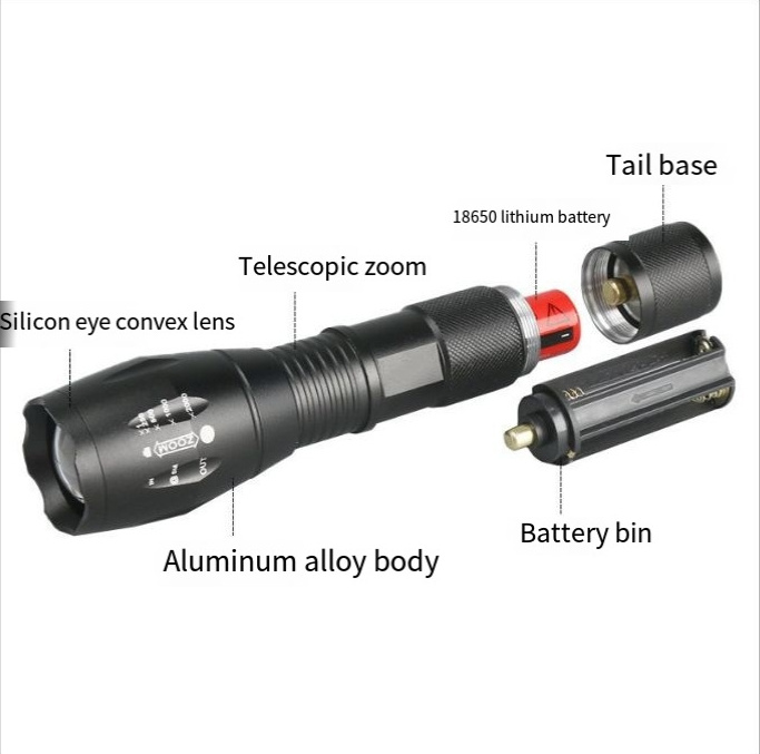 2024 New Cross-border T6 telescopic zoom strong aluminum alloy flashlight waterproof outdoor night running riding patrol searchl