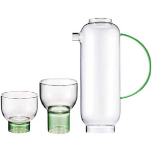 Custom Blown Modern Green Clear Fresh Heat Resistant Borosilicate Glass Teapot Set for Drinking