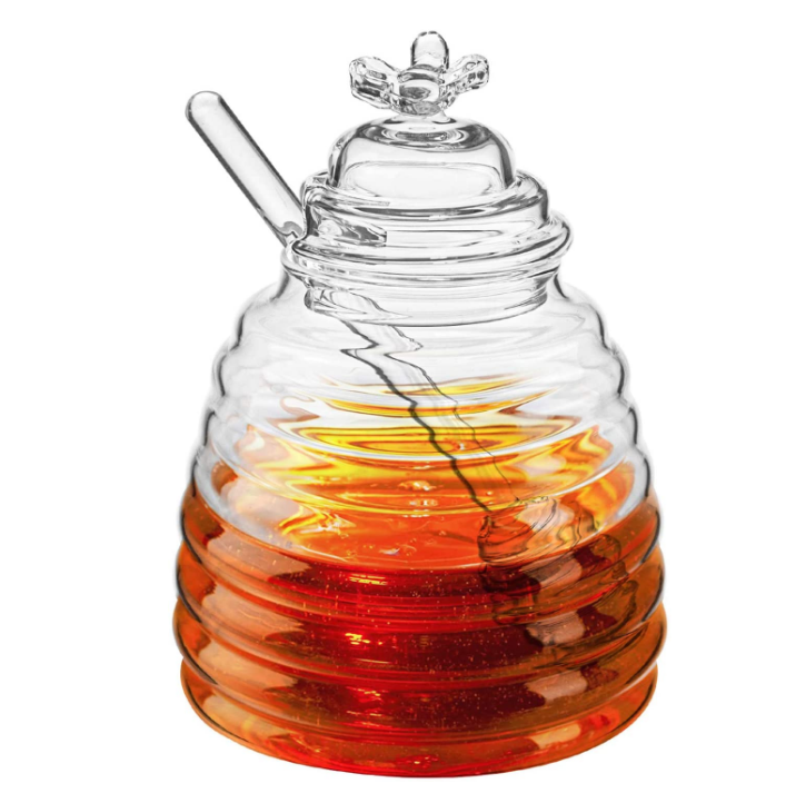 Customized Clear Borosilicate Glass Honey Jar Pot with Dipper and Dustproof Lid for Home Kitchen