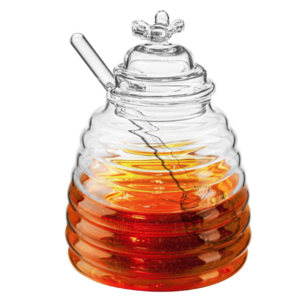 Customized Clear Borosilicate Glass Honey Jar Pot with Dipper and Dustproof Lid for Home Kitchen