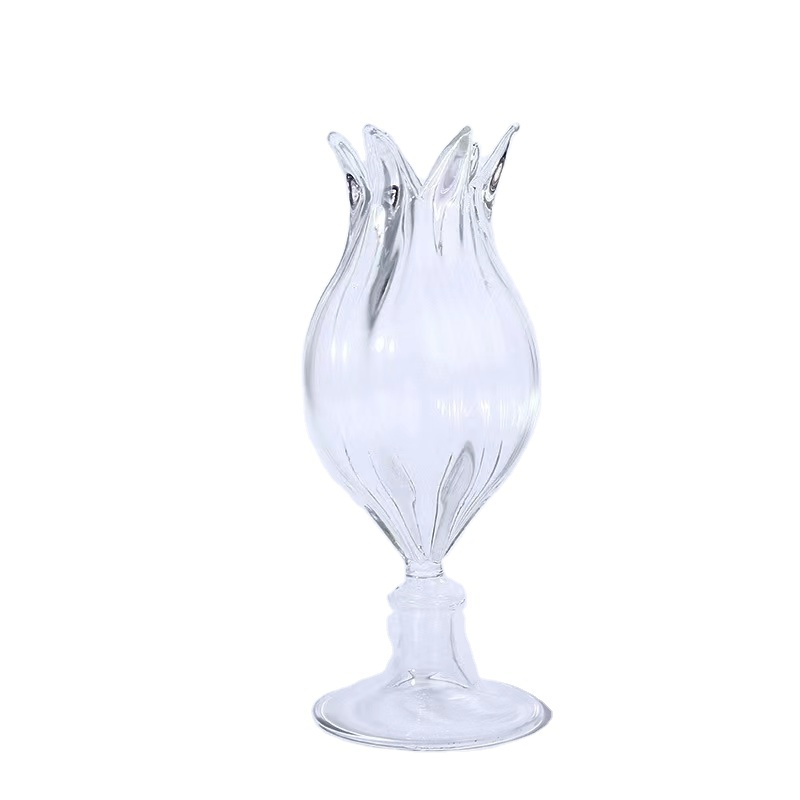 OEM Handmade Tabletop Decoration Clear Borosilicate Rippled Glass Bud Flower Vase with Petals Around The Rim