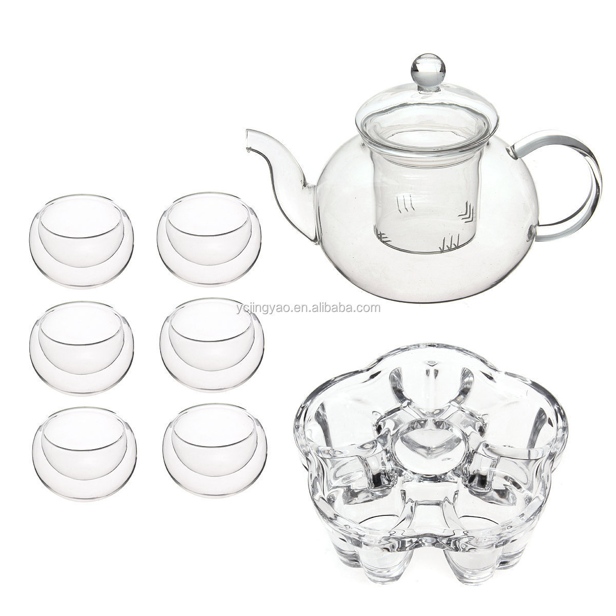 Clear Teapot Chinese Gongfu Glass Tea Pot Set with Infuser Filter Tea Light Warmer 6 Cups