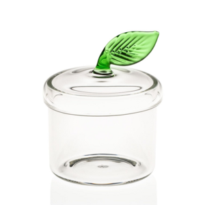 Home Kitchen Handmade Transparent Small GlassTea Bowl Coffee Jar Sugar Pot with Green Leaf Lid