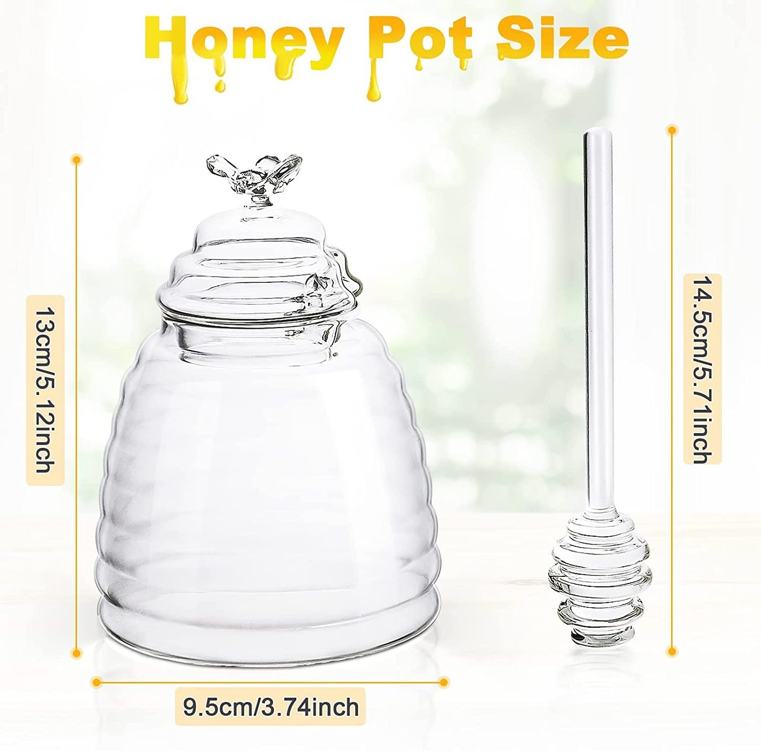 Customized Clear Borosilicate Glass Honey Jar Pot with Dipper and Dustproof Lid for Home Kitchen