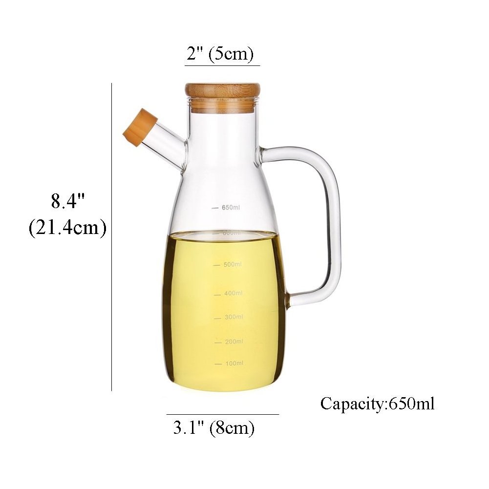 Glass Graduated Oil Bottle with Handle Spout Bamboo Lid Clear Measuring Kitchen Cooking Dispenser Bottle Leak-proof Container