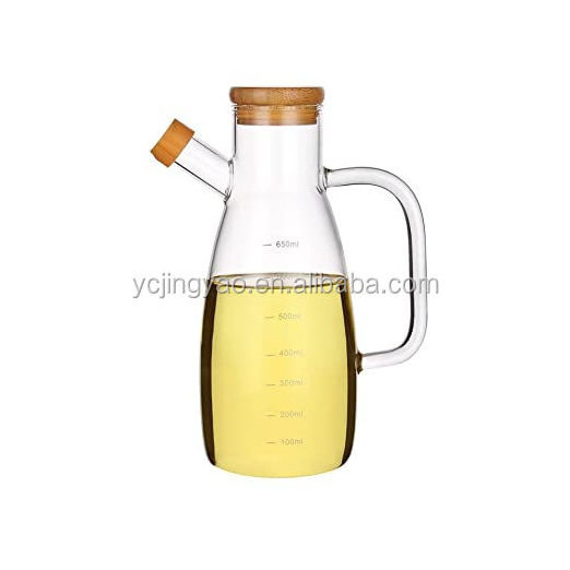 Glass Graduated Oil Bottle with Handle Spout Bamboo Lid Clear Measuring Kitchen Cooking Dispenser Bottle Leak-proof Container