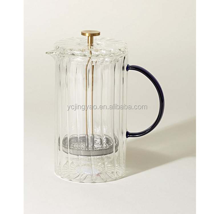 Heat Resistant Doubled Walled Glass Stainless Steel Cafetiere French Press Coffee Maker with Blue Handle