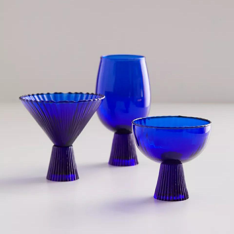 Custom Made Modern Style Blue Hand-blown Heat-resistant Striped Wine Champagne Glass Goblet